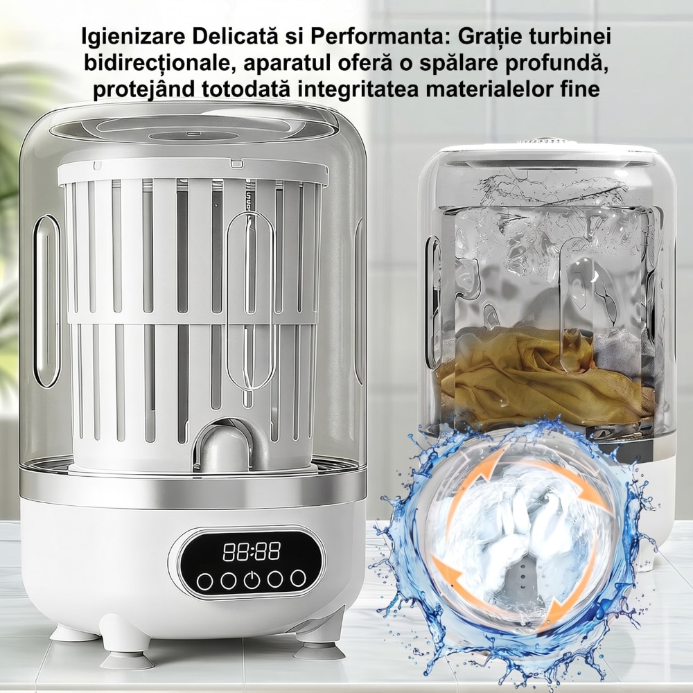 Mini Masina de Spalat Portabila NOVATINO®, Capacitate 3L, Turbina Bidirectionala Puternica, Display LED Digital, Ideala pentru Spalare Rapida si Eficienta, Economie de Apa si Energie, Ideala pentru Lenjerie Intima sau Haine Bebelusi, Compacta
