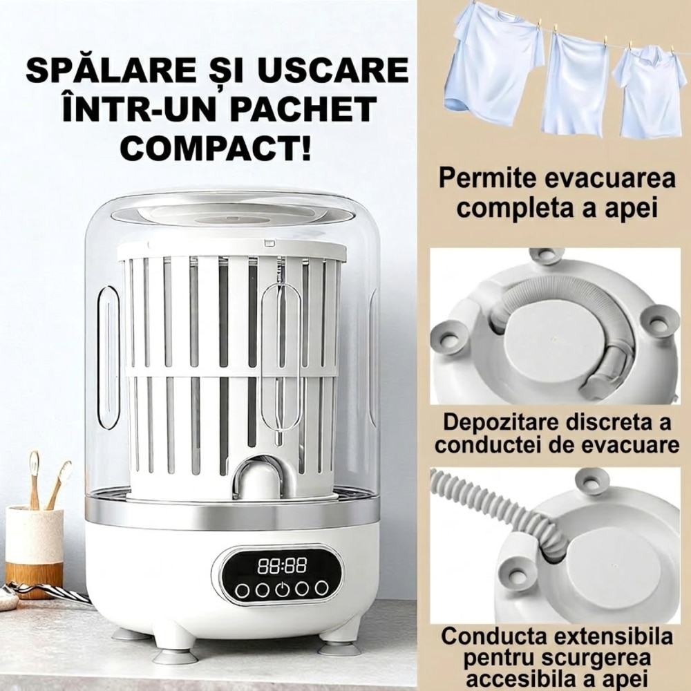 Mini Masina de Spalat Portabila NOVATINO®, Capacitate 3L, Turbina Bidirectionala Puternica, Display LED Digital, Ideala pentru Spalare Rapida si Eficienta, Economie de Apa si Energie, Ideala pentru Lenjerie Intima sau Haine Bebelusi, Compacta
