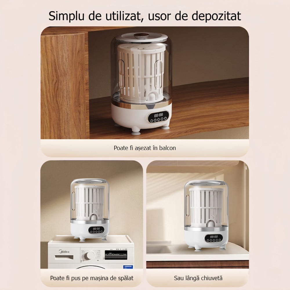 Mini Masina de Spalat Portabila NOVATINO®, Capacitate 3L, Turbina Bidirectionala Puternica, Display LED Digital, Ideala pentru Spalare Rapida si Eficienta, Economie de Apa si Energie, Ideala pentru Lenjerie Intima sau Haine Bebelusi, Compacta