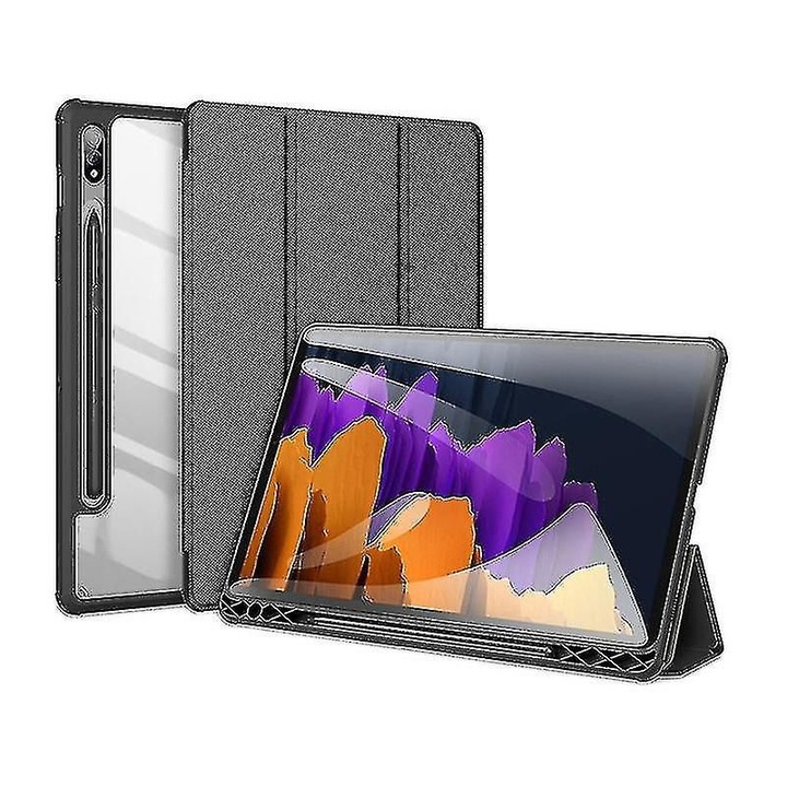 Husa tableta pentru S8/S8 Plus/S8 Ultra, spate transparent, suport trifold cu pen holder, inchidere magnetica, TPU+PU, negru