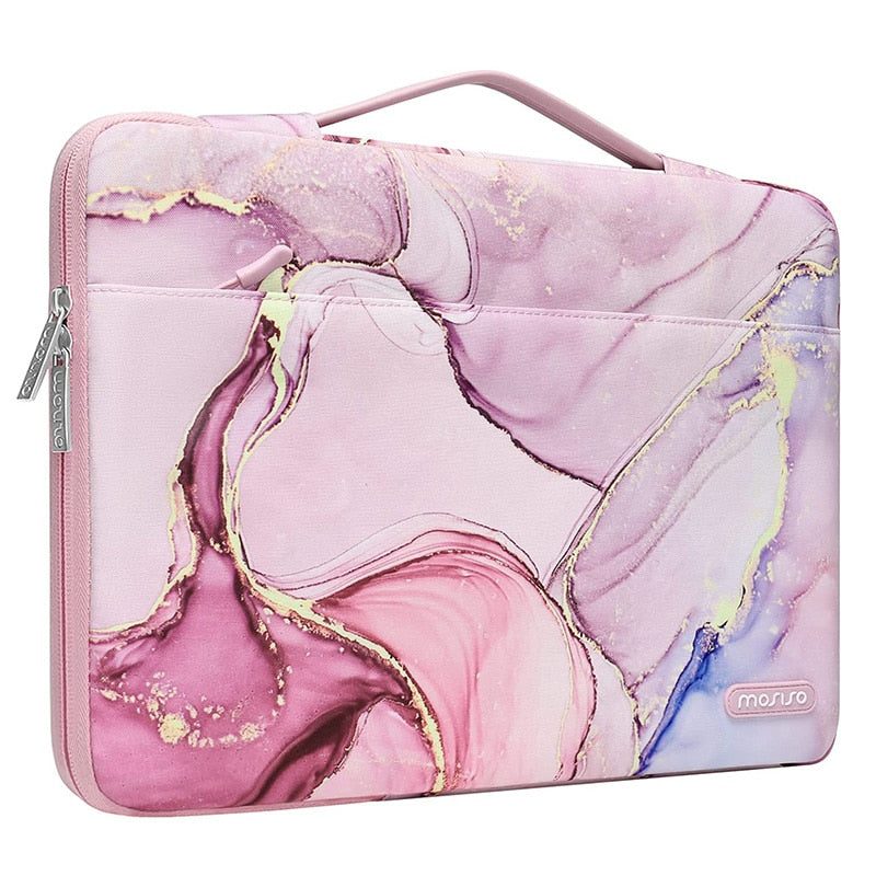 Husa pentru laptop din poliester cu model marble, rezistenta la apa si la socuri, cu maner, roz, pentru 13–16 inch, K0323-0806-CJ5321