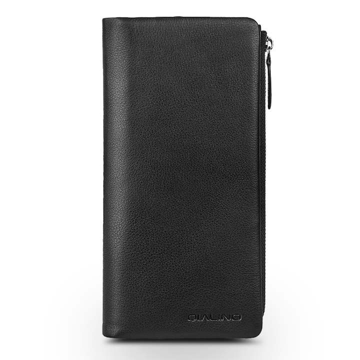 Természetes vintage bőrből készült univerzális pénztárca / tok 175 mm-ig terjedő telefonokhoz - Qialino Vintage Wallet, Fekete