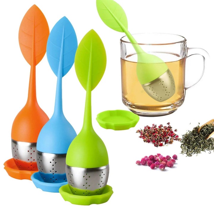 YANYXR BCS3231153 teafőző, 3 részes szett, rozsdamentes acél szűrő szilikon levél alakú fogantyúval, csepegtető tálca mellékelve, többszínű