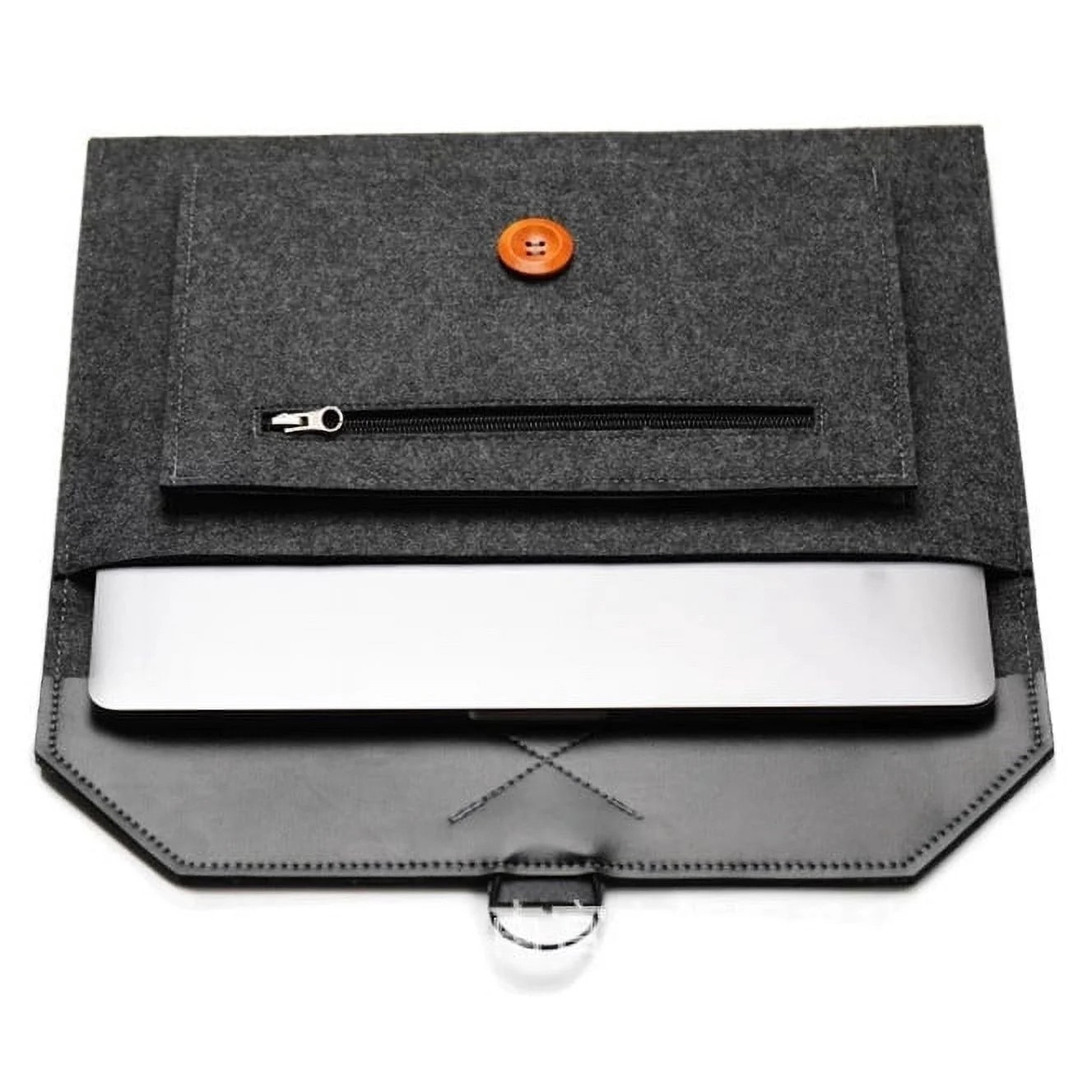 Husa pentru laptop si tableta YANYXR BCS3230674, fetru, inchidere cu nasture si bucla elastica, buzunare extra, compatibil 14–15.6 inch, gri inchis, 40.5 x 26.5 cm (extern)