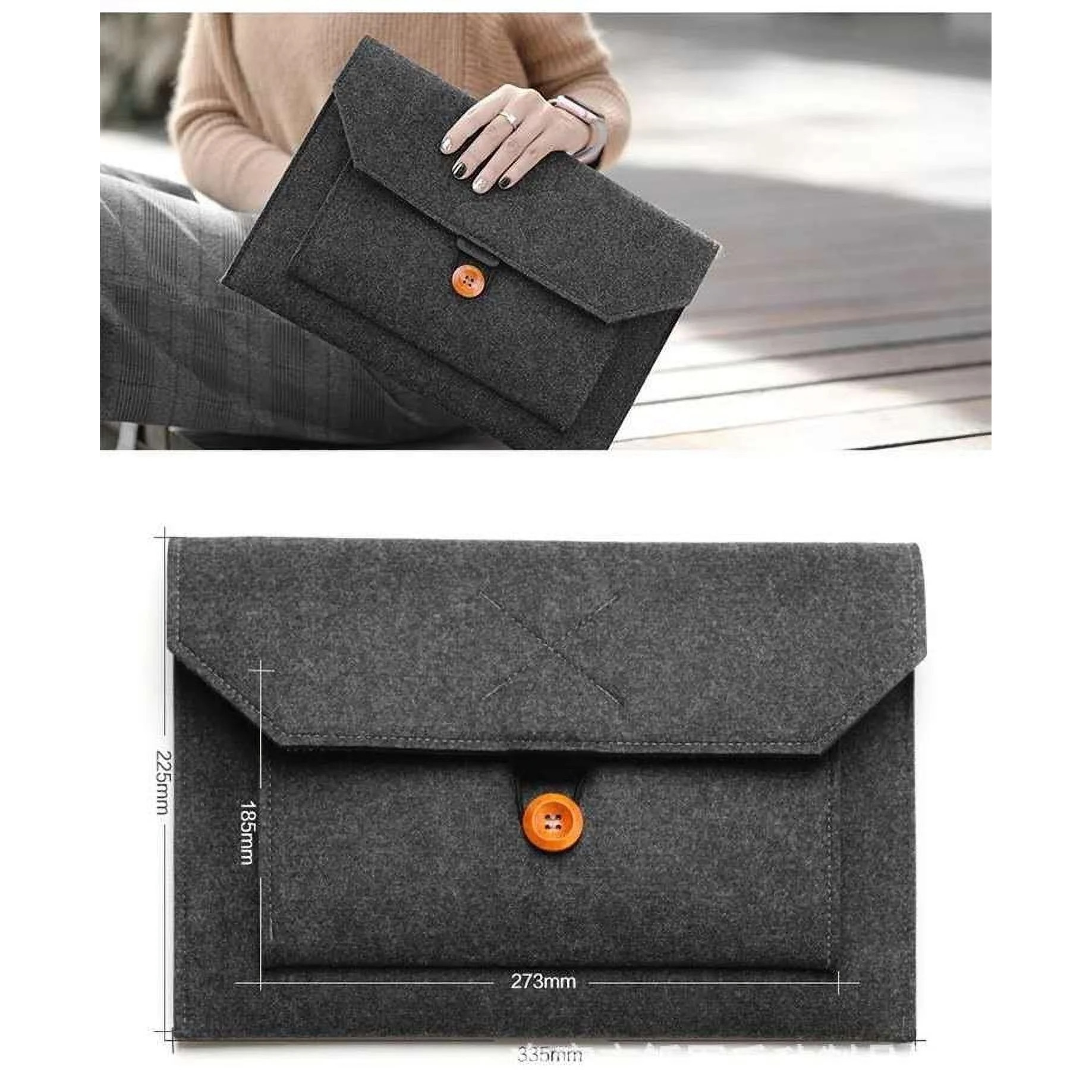 Husa pentru laptop si tableta YANYXR BCS3230674, fetru, inchidere cu nasture si bucla elastica, buzunare extra, compatibil 14–15.6 inch, gri inchis, 40.5 x 26.5 cm (extern)