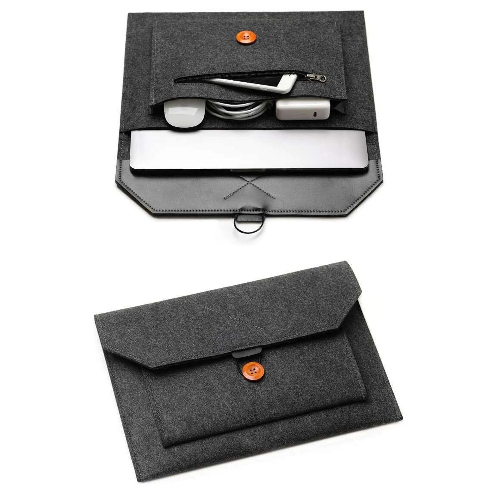 Husa pentru laptop si tableta YANYXR BCS3230674, fetru, inchidere cu nasture si bucla elastica, buzunare extra, compatibil 14–15.6 inch, gri inchis, 40.5 x 26.5 cm (extern)
