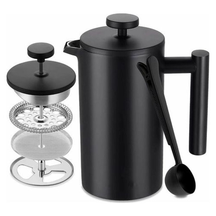 Presa franceza din otel inoxidabil MJ-K0446-260730-822, 1 l, dublu perete izolat, interior 304 inox, set cu 5 filtre interschimbabile si lingurita-masuratoare, negru mat