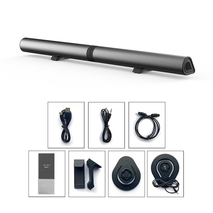 Bara de sunet K0323-0717-emag-3893, Bluetooth, intrare optical/AUX/USB, difuzoare detasabile 2 in 1, baterie 2000mAh reincarcabila, negru