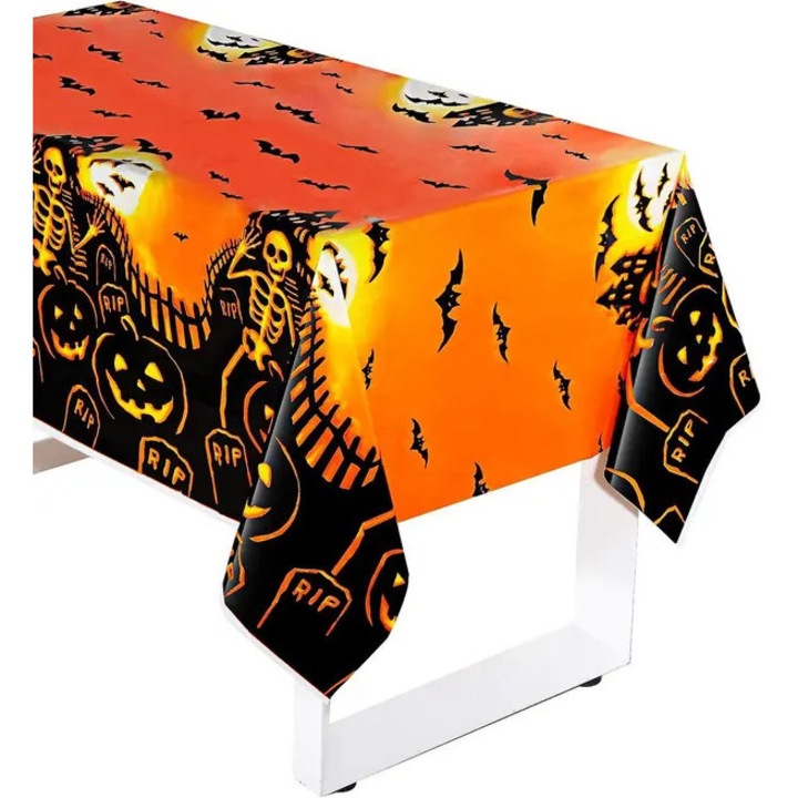 ISINI-CJ-K0497-260826-1948 műanyag terítő, Halloween tematika tökökkel, denevérekkel és csontvázakkal, vízálló, letörölhető, narancssárga/fekete, 54 x 72 hüvelyk