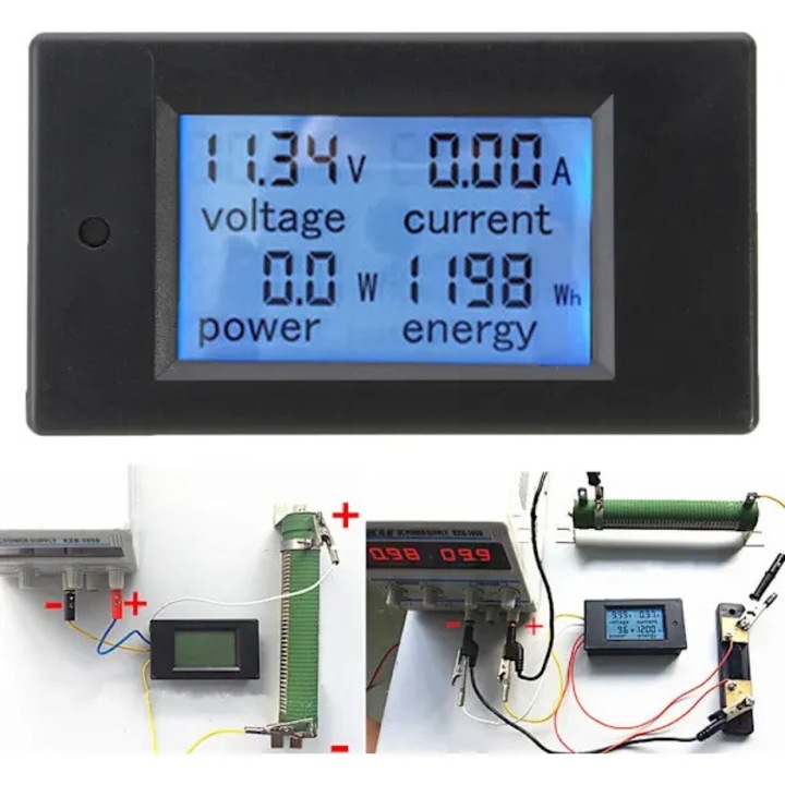 Voltmetru-ampermetru digital DC PAEM-051, masurare 6.5-100V, 0-100A, pana la 10.000W, afisaj LCD cu retroiluminare si contor energie (Wh), negru, 89.6×49.6×24.4 mm