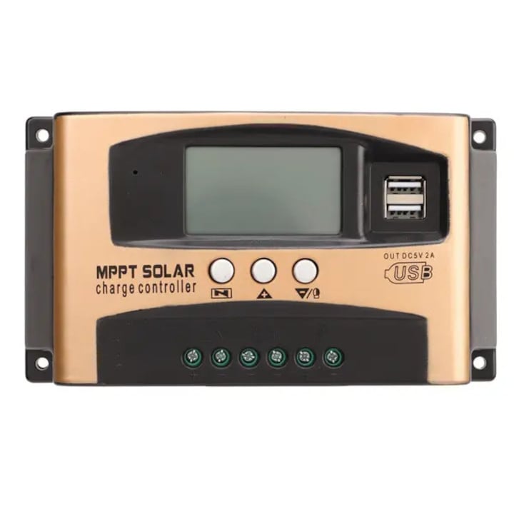 Controler de incarcare solar MPPT CJ-FQ-K0384-260505-2986 60A, afisaj LCD, parametri ajustabili, iesire USB 5V/2A, auriu/negru