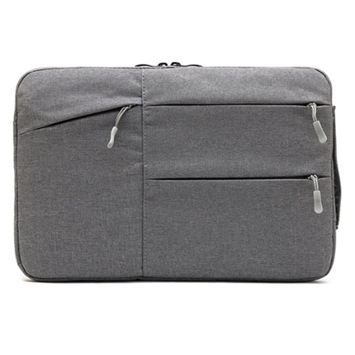 Husa pentru laptop din poliester, multi-strat cu protectie 360% si buzunare frontale, fermoar metalic, gri, 14 inch (390 x 275 mm)