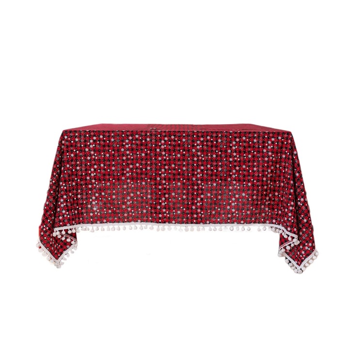 K0460-emagCJ-17557 poliészter asztalterítő kockás és hópelyhes mintával, rojtokkal és pomponokkal, piros, 90 x 90 cm