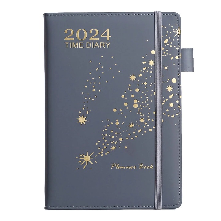 Agenda 2024 YANYXR BCS3233359, planner zilnic/saptamanal/lunar cu file lunare si elastic, gri, 21 x 14.5 cm