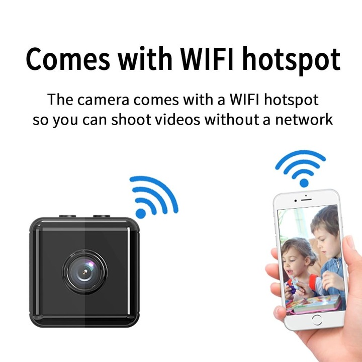 Kamera Wi‑Fi mini 1080P k0441-0720-QHeamg201709, vezeték nélküli hotspot-tal, hordozható, éjjellátó, mozgásérzékelés, alkalmazáson keresztüli vezérlés, fekete