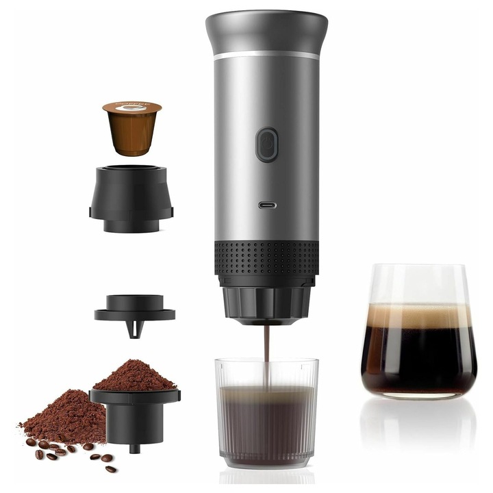 Espressor portabil K0312-0715-TD26177, USB-C reincarcabil, autoincalzire, compatibil cafea macinata si capsule, gri/negru