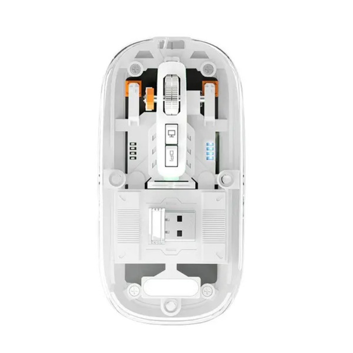 Безжична прозрачна мишка FRU-CJK0424-260710-1225, 2.4G + Bluetooth 2x, презареждаема 400mAh, 4 DPI 800/1200/1600/2400, RGB, безшумна, USB-C, 5 бутона, прозрачна/бяла