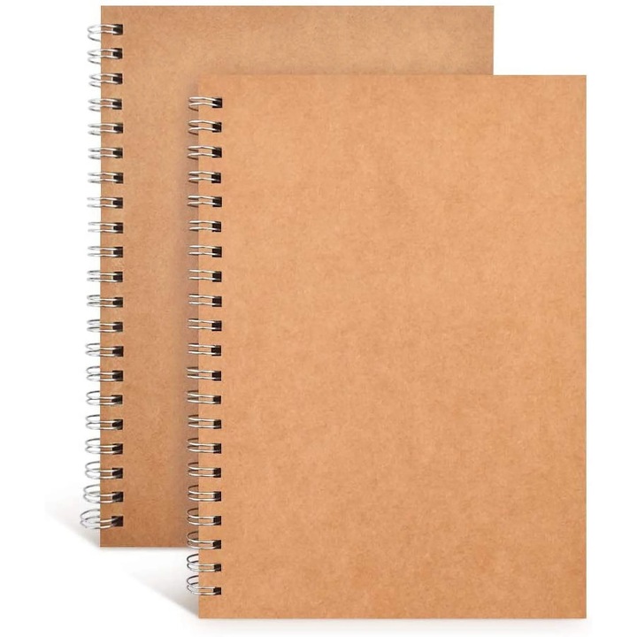 Caiet spiralat YANYXR BCS3233925, coperta moale kraft, netinut (blank) 100 GSM, 100 pagini (50 foi) fiecare, A6 7.5 x 5.1 in, set 2 buc
