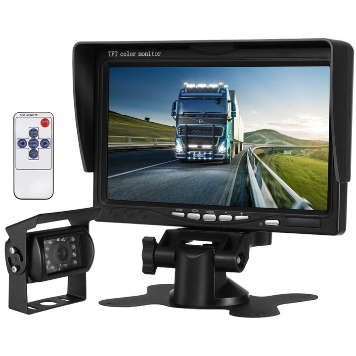 Monitor auto LCD TFT k0441-0721-QHeamg207473 cu camera marsarier impermeabila, vizibilitate nocturna LED, telecomanda, negru