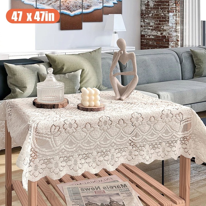 Poliészter csipketerítő, horgolt design virágmintákkal és hullámos szegéllyel, elefántcsont, 47 x 47 in (120 x 120 cm)