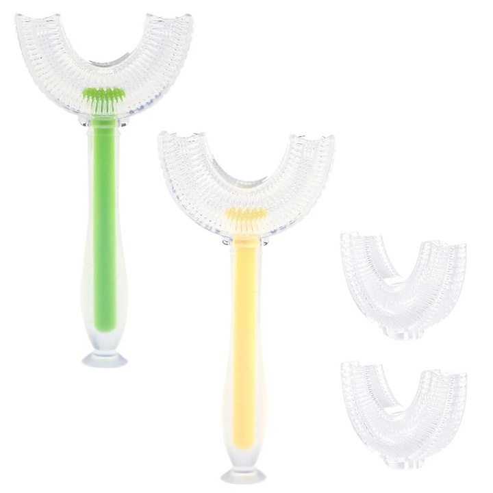 Periuta de dinti tip U YANYXR BCS3233873, cap din silicon moale detasabil pentru copii, antrenament manual, multicolor, set 2