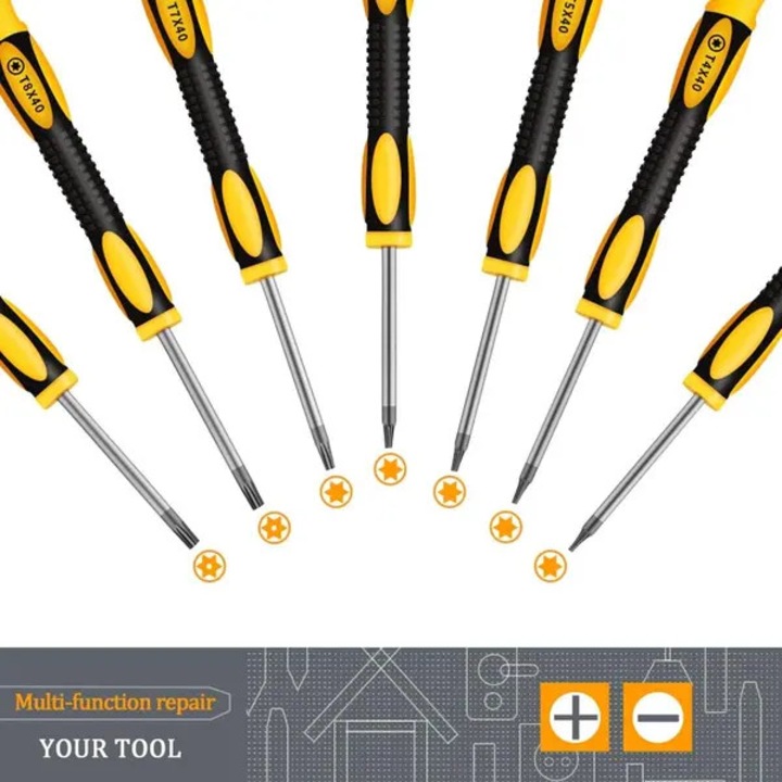 Set surubelnite de precizie, varfuri Torx T6H/T8H/T9H/T10H/T15H, biti S2 magnetici, manere ergonomice codificate color, negru/galben, 12 piese