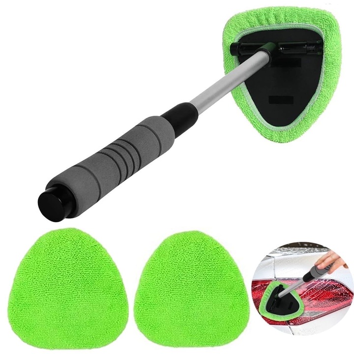Instrument curatare parbriz auto, pad triangular din microfibra detasabil, maner cu grip ergonomic, verde