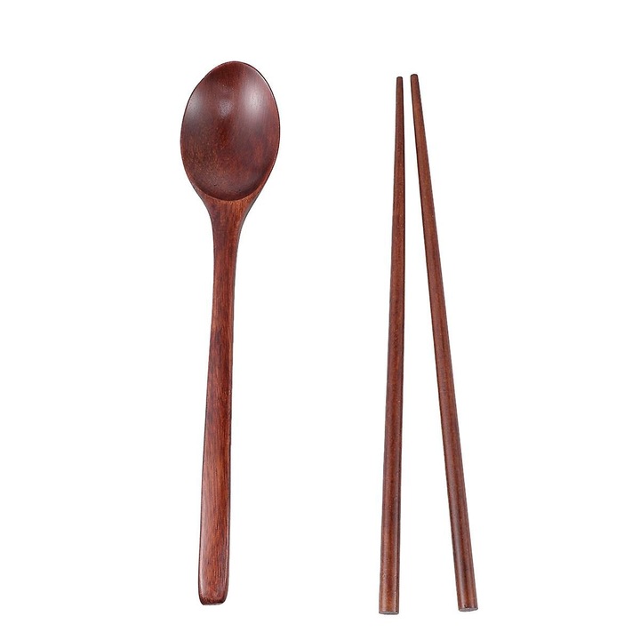 Set lingura si betisoare din lemn, tratate cu ulei vegetal, maro inchis, 1 lingura + 1 pereche betisoare, 23.5 cm