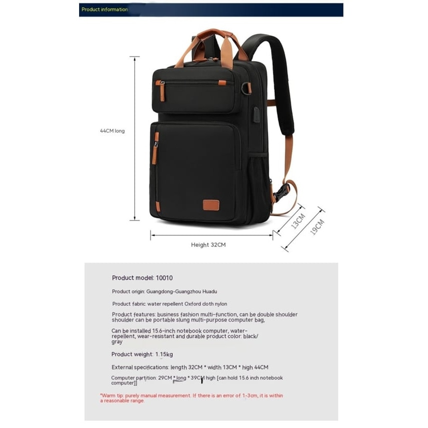 Rucsac laptop din nylon poliester, cu port USB extern, compartiment laptop 15.6 inch, anti-furt, rezistent la apa, curea pentru trolley, negru/maro