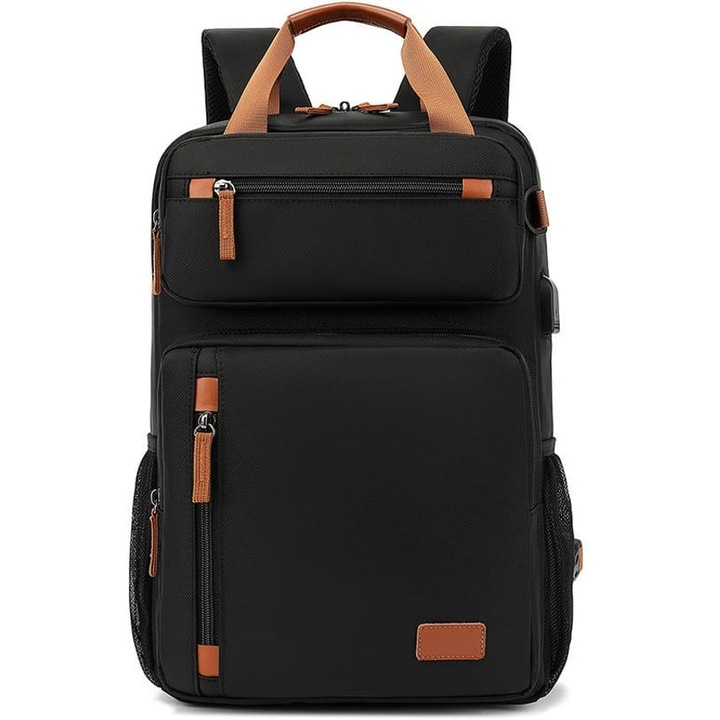 Rucsac laptop din nylon poliester, cu port USB extern, compartiment laptop 15.6 inch, anti-furt, rezistent la apa, curea pentru trolley, negru/maro
