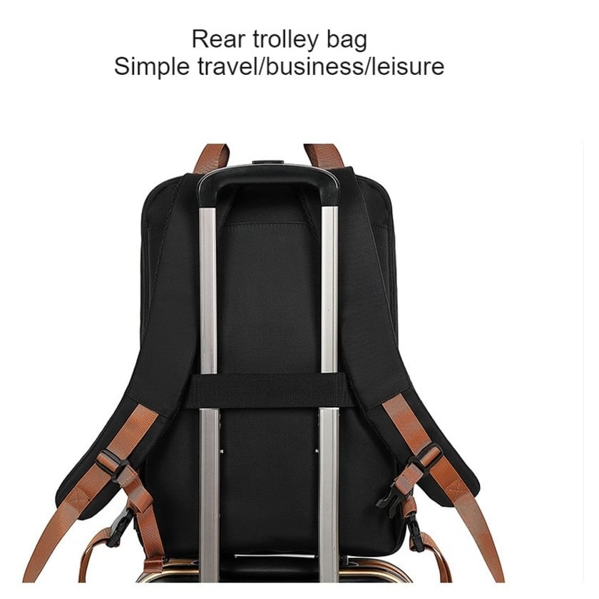 Rucsac laptop din nylon poliester, cu port USB extern, compartiment laptop 15.6 inch, anti-furt, rezistent la apa, curea pentru trolley, negru/maro