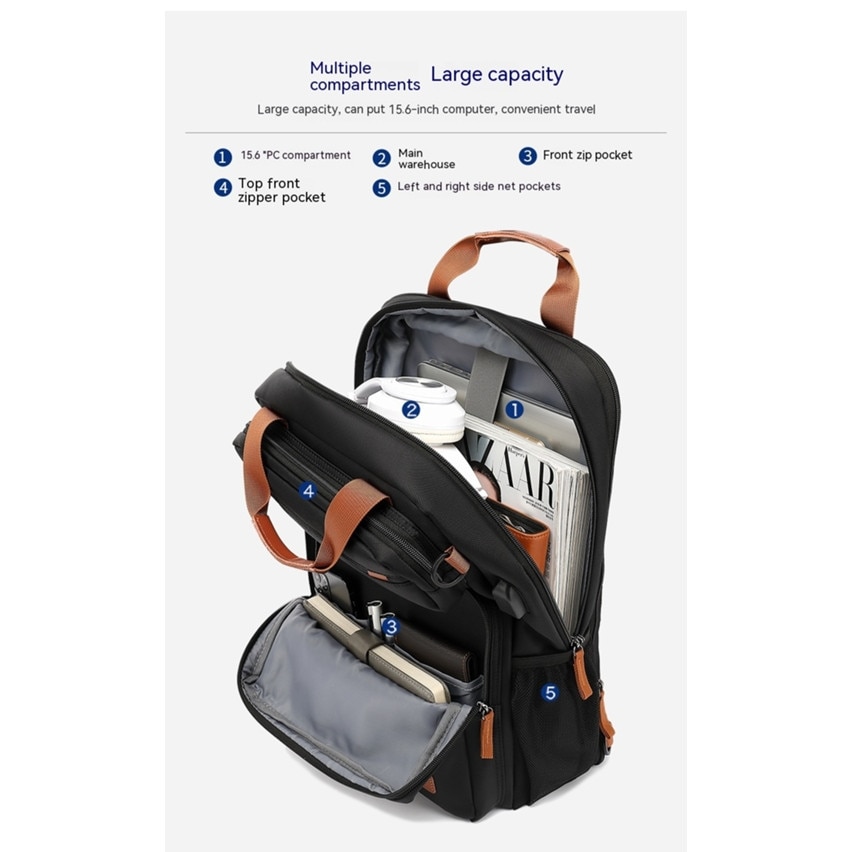 Rucsac laptop din nylon poliester, cu port USB extern, compartiment laptop 15.6 inch, anti-furt, rezistent la apa, curea pentru trolley, negru/maro