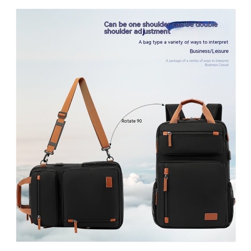 Rucsac laptop din nylon poliester, cu port USB extern, compartiment laptop 15.6 inch, anti-furt, rezistent la apa, curea pentru trolley, negru/maro