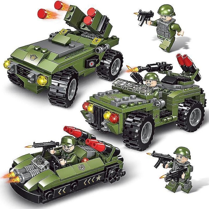 Комплект за военна конструкция K0403-emagCJ-43990, 6 в 1, 710 части, сглобяеми военни превозни средства (танк, бронирано превозно средство, хеликоптер, изтребител, боен кораб), зелен
