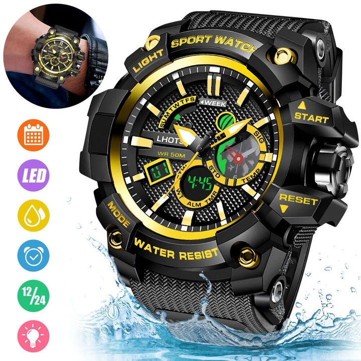 Ceas de mana sport cu carcasa ABS si curea din cauciuc, analog-digital dual dial, iluminare LED, alarma si cronometru, 50M (5ATM), negru/auriu, diametru 53 mm