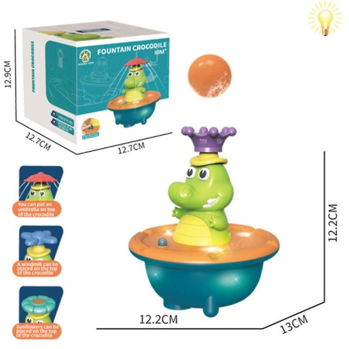 Krokodil für Badewanne K0403-emagCJ-35170, 5 Fontänenmodi, Blinklicht, sprüht Wasser, funktioniert mit 3 x AAA (Batterien nicht enthalten), versiegelt, Mehrfarbig