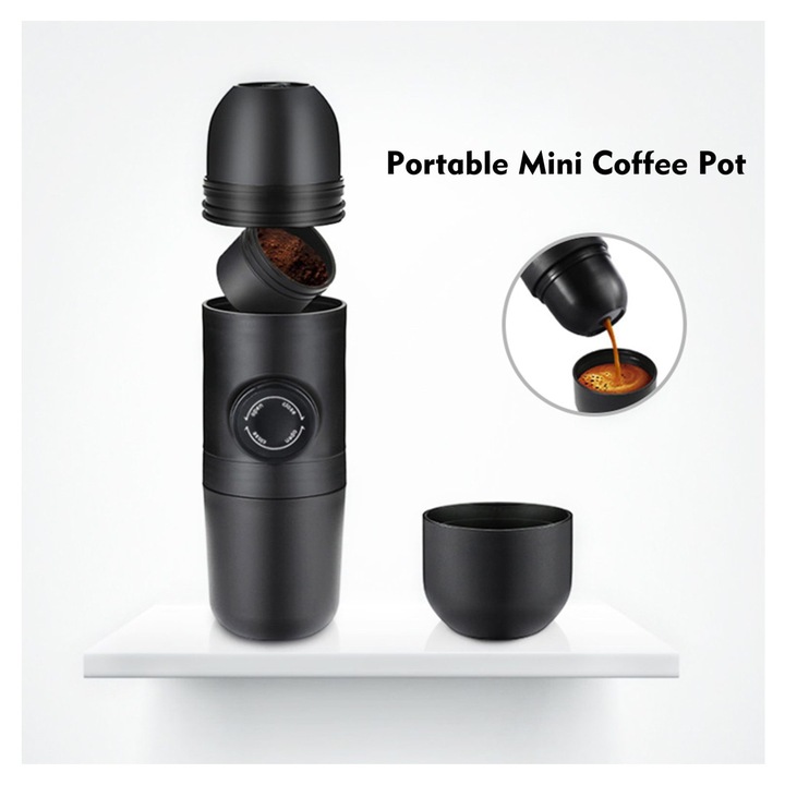 Cafetiera portabila manuala cu piston K0473-0717-TMCJ-1105, corp plastic si inox 304, negru, compact (