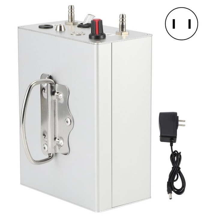 Vákuumszivattyú fejőgéphez emag01-WT5440, 80 kPa max, 100–240 V tápellátás adapterrel (US csatlakozó), beépített 18650 5200 mAh akkumulátor, alumínium ház, ezüst