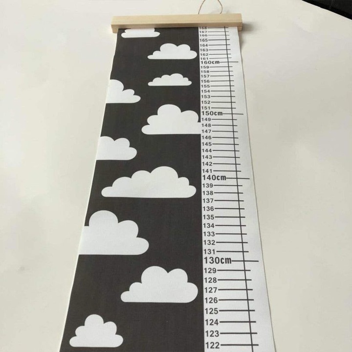 K0323-0806-CJ7674 fali magasságmérő, textil felhő mintával, fekete/fehér, 20 x 120 cm