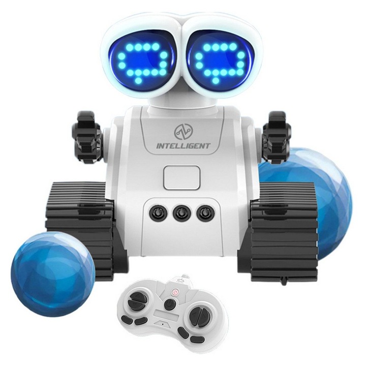 Робот RC K0323-0724-CJ14713, презареждаем, 2.4GHz контрол и чрез жестове, LED очи, вериги тип танк, USB зареждане, бял, 11.5 x 11.5 x 9.5 cm
