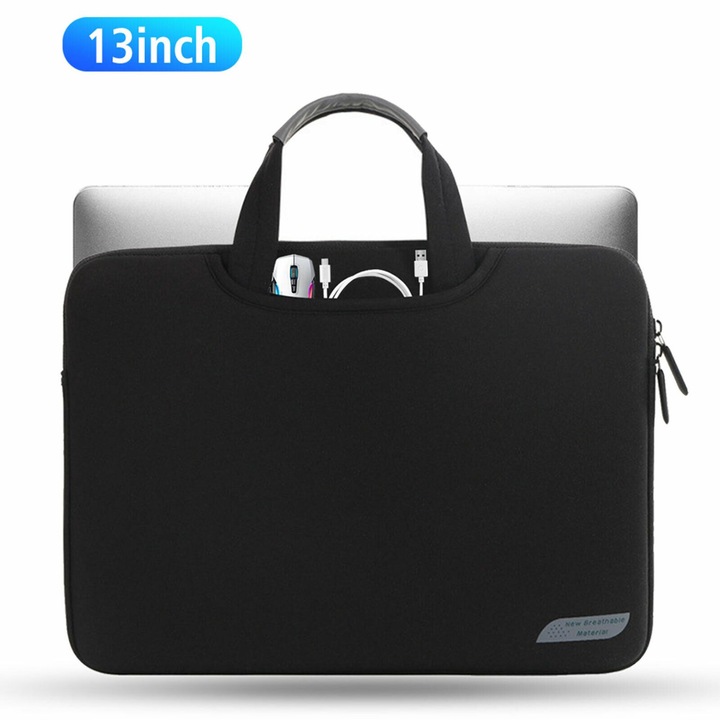 Husa pentru laptop din poliester cu manere, buzunar frontal si fermoar dublu, negru, pentru 13,3/14/15,6 inch