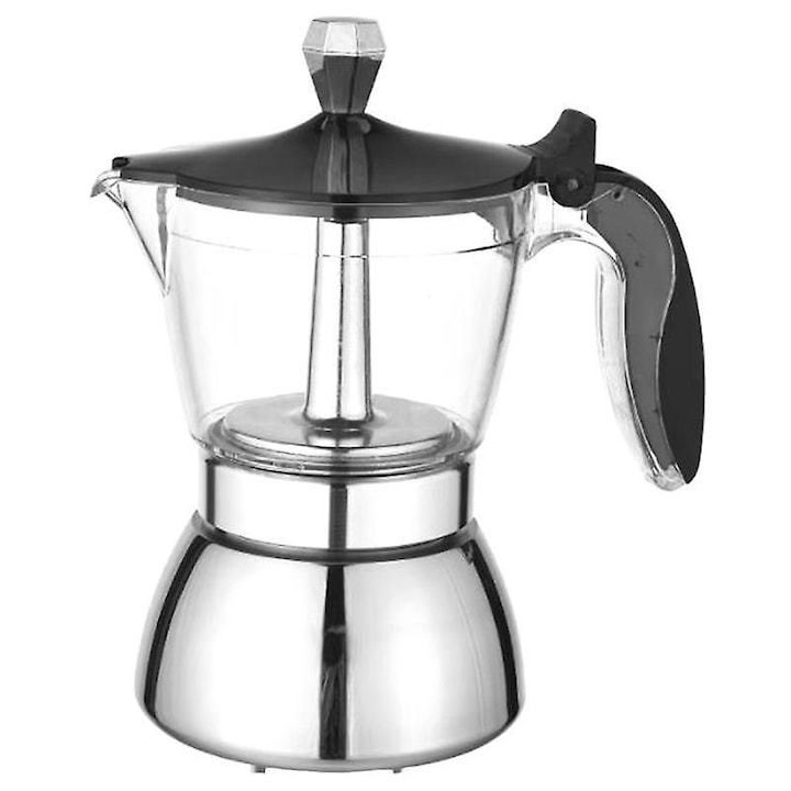 Кафеварка Moka K0403-emagCJ-53389, корпус от инокс, прозрачен горен резервоар, съвместима с котлон и индукция, многоцветна, 300 мл