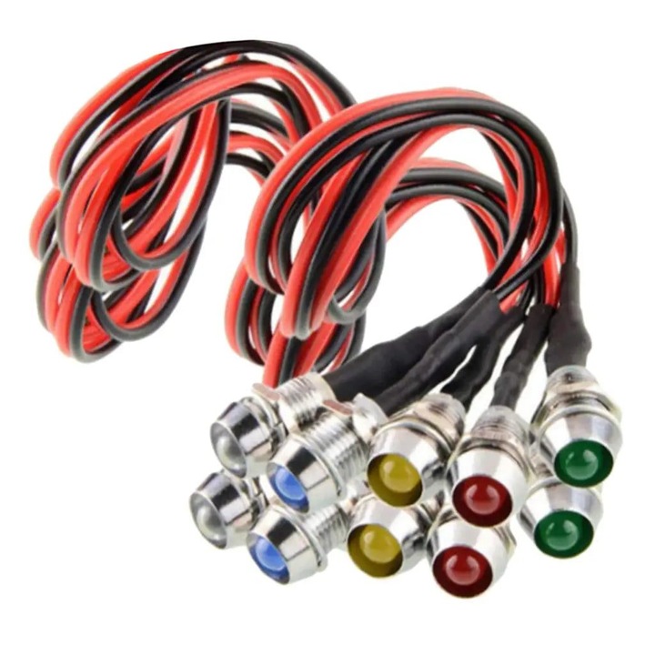 Indicator de bord LED universal K0323-0806-CJ8098, 12V, corp metalic, IP55, 1.8W, multicolor (2x albastru/2x rosu/2x galben/2x verde/2x alb), 10 buc