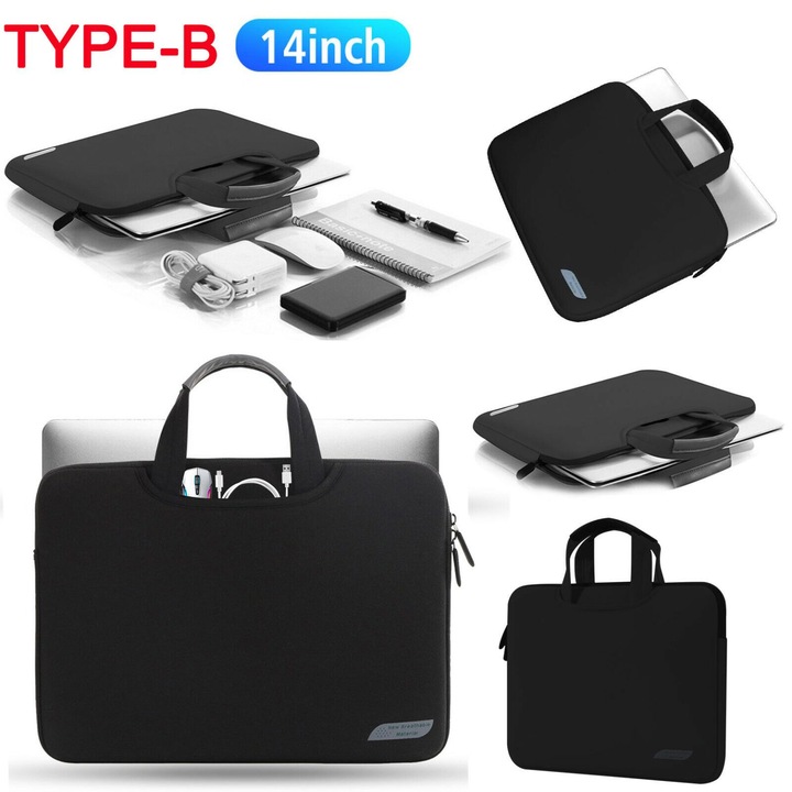 Husa pentru laptop K0403-emagCJ-50892, din poliester cu captuseala, rezistenta la apa si socuri, maner ascuns si fermoar, negru, pentru 13/14/15.6 inch