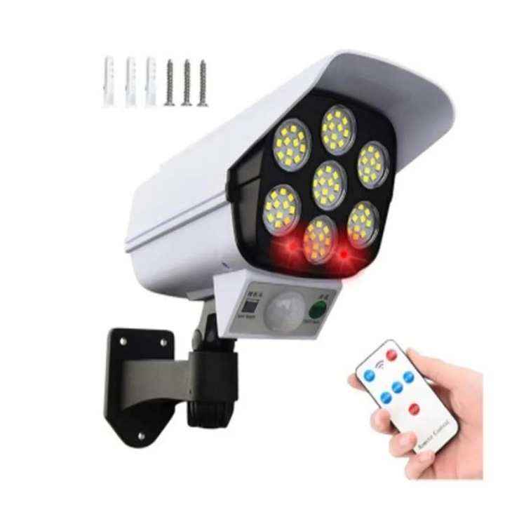 Lumina dummy camera de securitate cu LED si senzor de miscare K0323-0806-CJ8294, 77 LED, PIR, panou solar 5.5V/300mAh, baterie 18650 2400mAh, IP65, alb