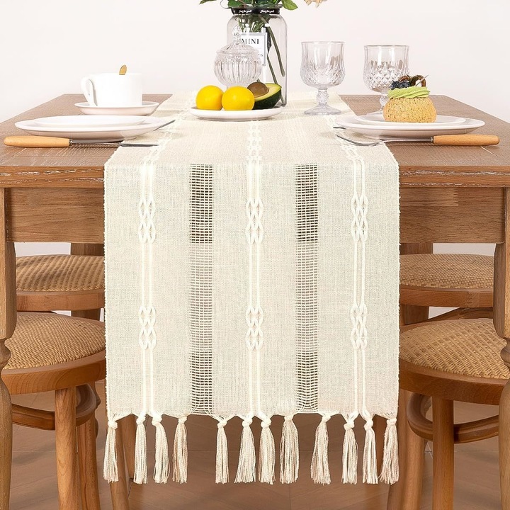 Futóterítő k0441-0720-QHeamg204530 makramé pamut és lenvászon rojtokkal, többszínű, 33 x 183 cm