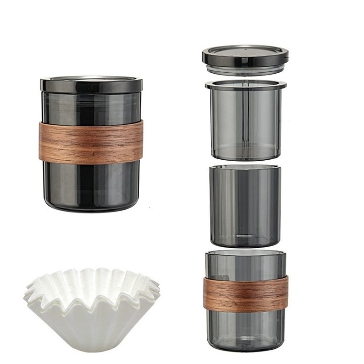 Cafetiera pour-over 3-in-1 K0403-emagCJ-38637, PCTG alimentara si filtru din inox 304 reutilizabil, banda lemn nuc, gri fumuriu, 300ml/200ml