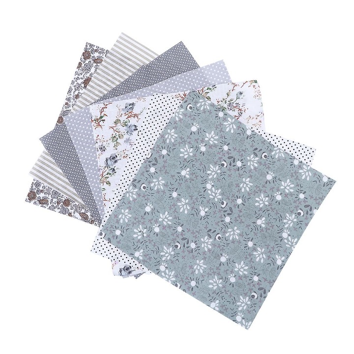 Előre vágott pamut textil anyag K0345-0716-TDCJ-xw1869, vegyes minta, szürke, 7 darabos szett, 25 x 25 cm