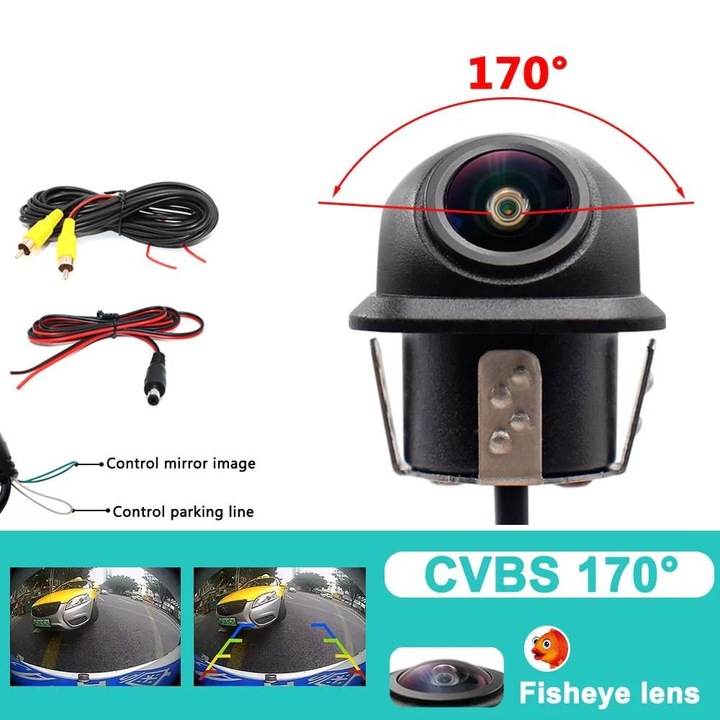 Camera auto pentru marsarier K0323-0806-CJ9372, CVBS 170° fisheye unghi larg, cu linii de ghidare, cablu, carcasa aluminiu, negru