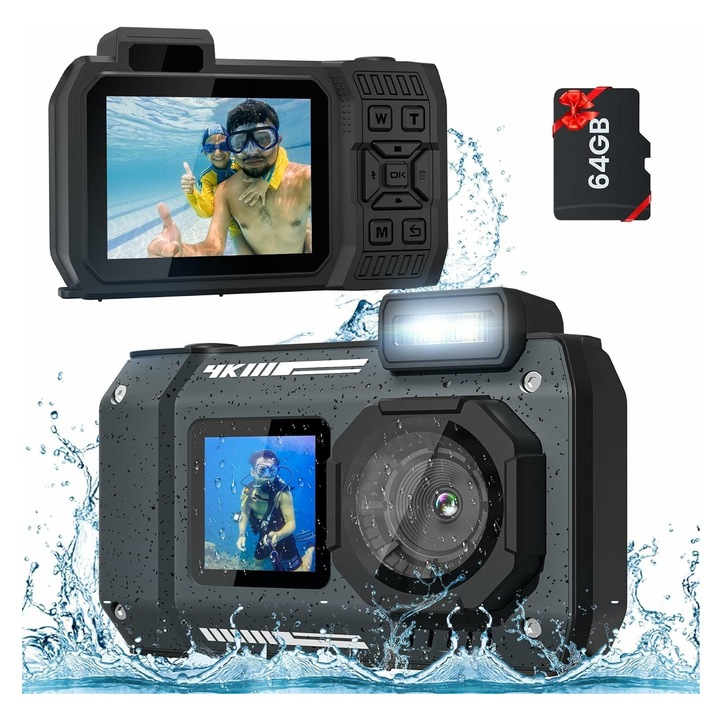 Camera foto-video subacvatica k0441-0721-QHeamg207546, 4K video, 65MP, zoom optic 18x, dual-screen fata+spate, rezistenta pana la 10 m (33 ft), stabilizare, autofocus, baterie 2500 mAh, card 64GB inclus, negru